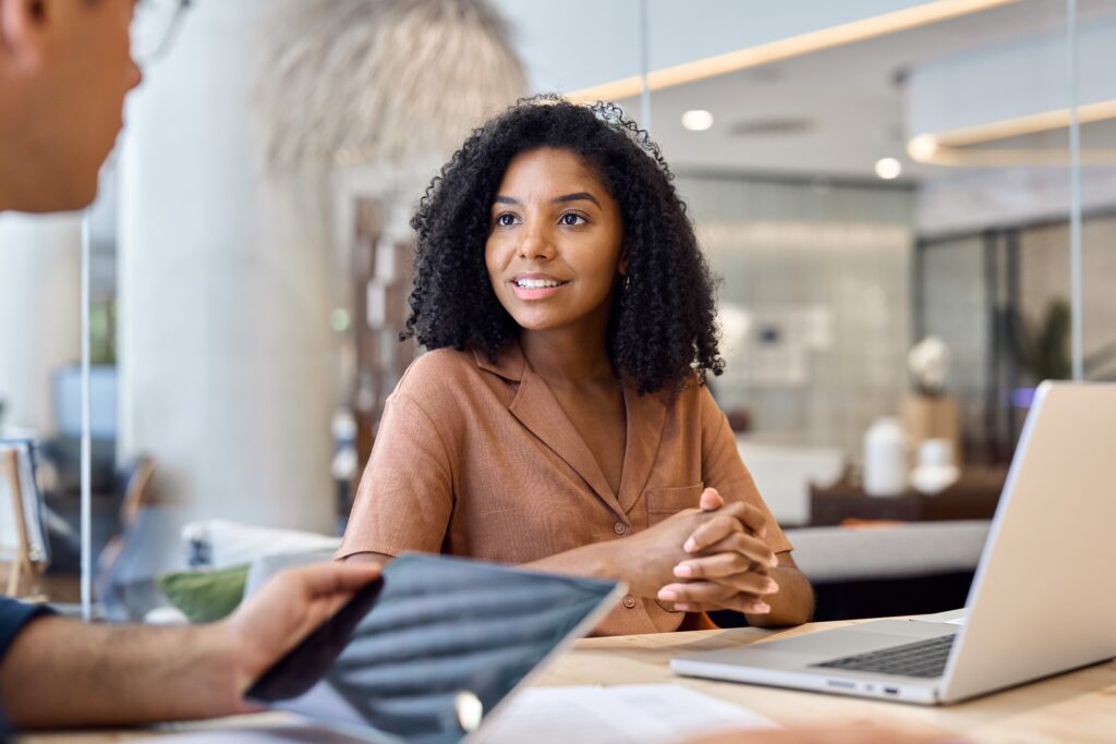 A direct marketing representative talking to a customer.