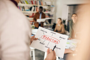 A leader holding a paper featuring concepts related to marketing solutions.